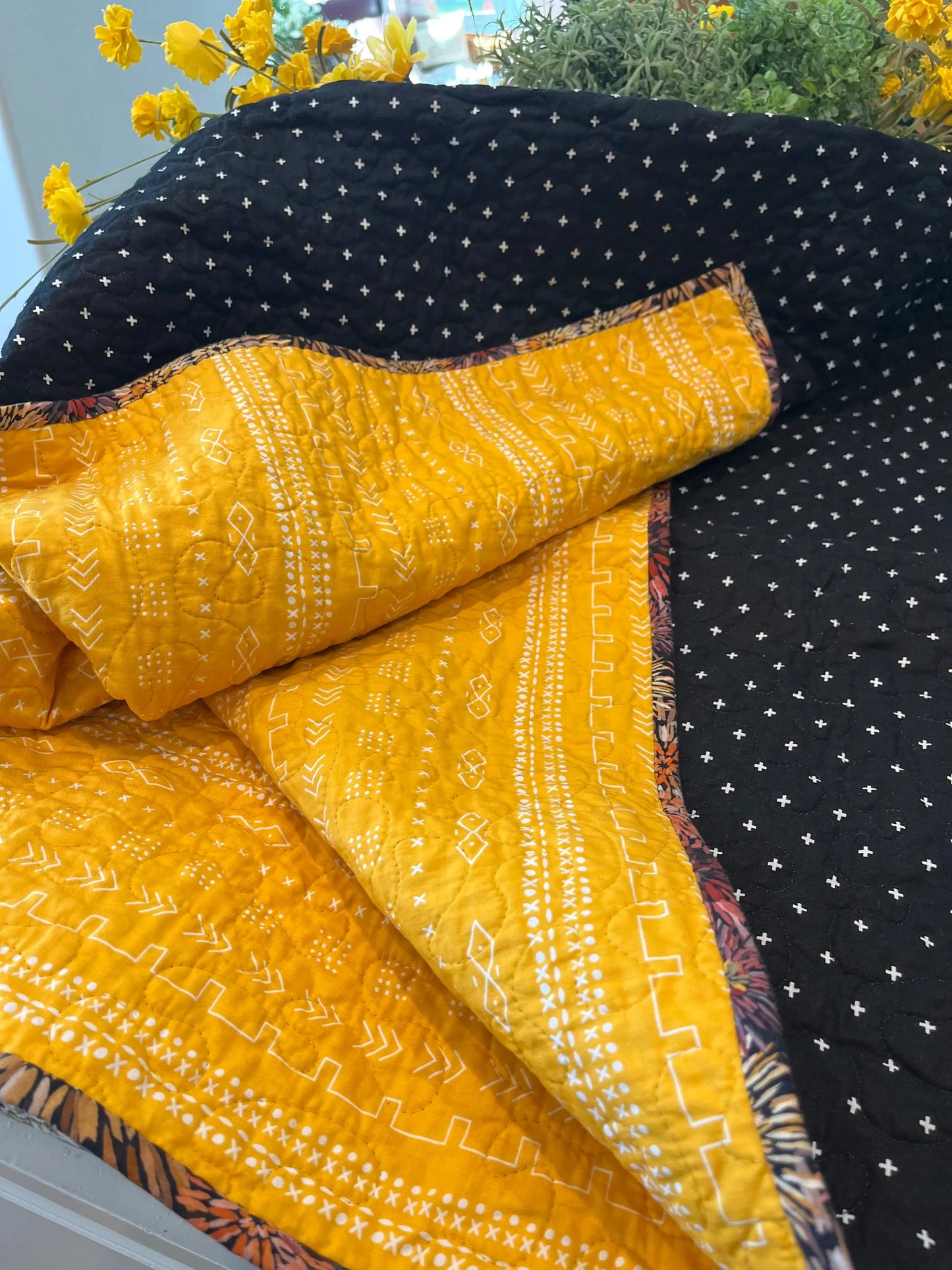 Black and White Crosses with Yellow/Gold Aztec Quilt - Bold Border Quilts and More