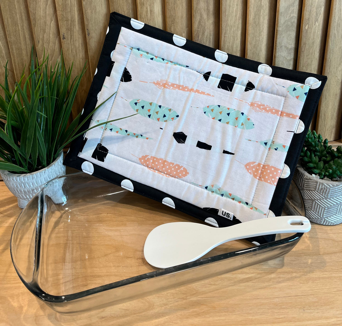 Feather Print with Large Black & White Polka Dots Hot Pad - Bold Border Quilts and More