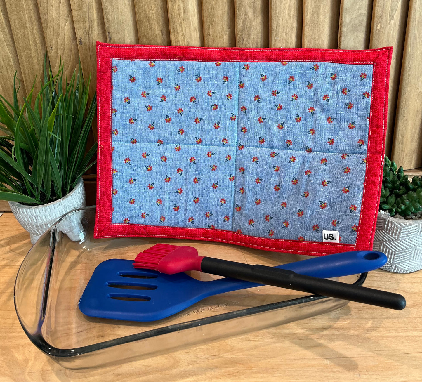 Denim with Flowers Large Hot Pad - Bold Border Quilts and More