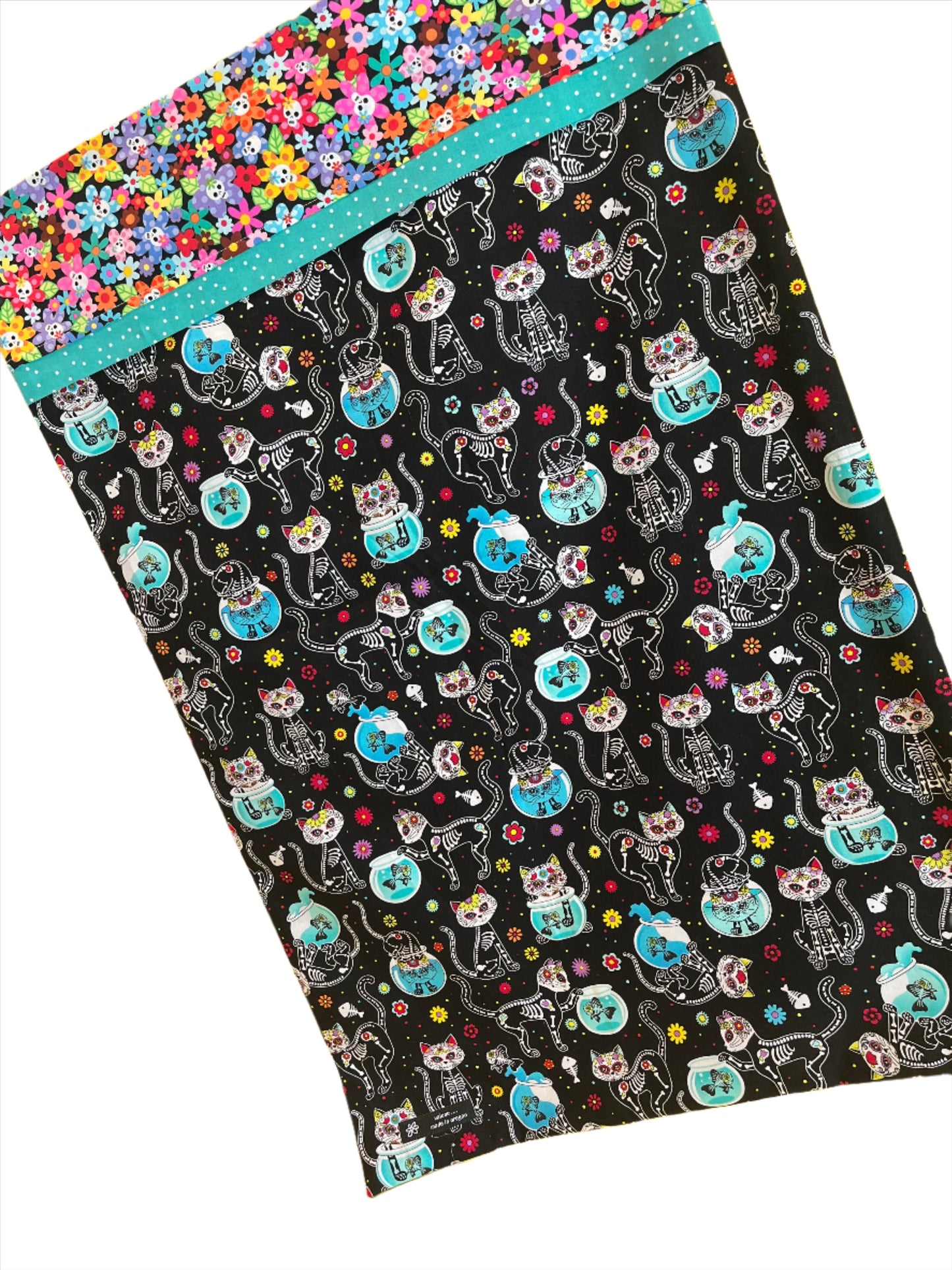 Skeleton Cat & Fish Standard Cotton Pillowcase - Bold Border Quilts and More