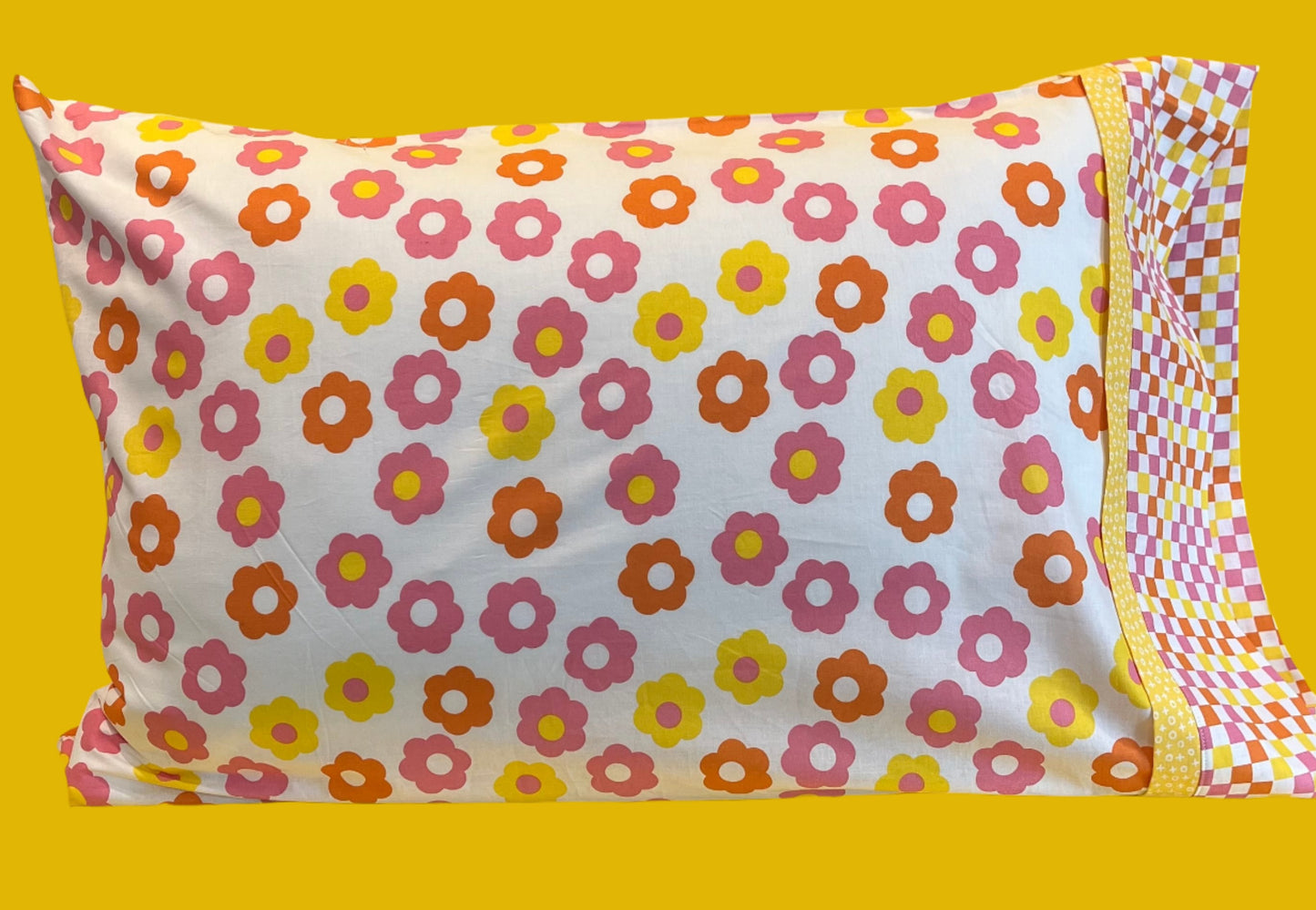 70's Flowers and Checks Standard Cotton Pillowcase - Bold Border Quilts and More