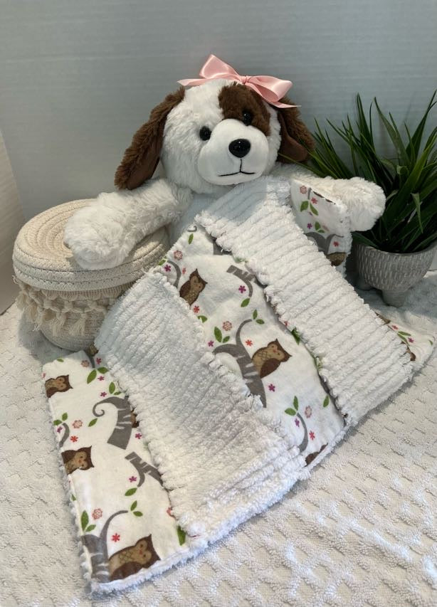 Owl Chenille/Flannel Modern Ragged Baby Burp Cloth - Bold Border Quilts and More