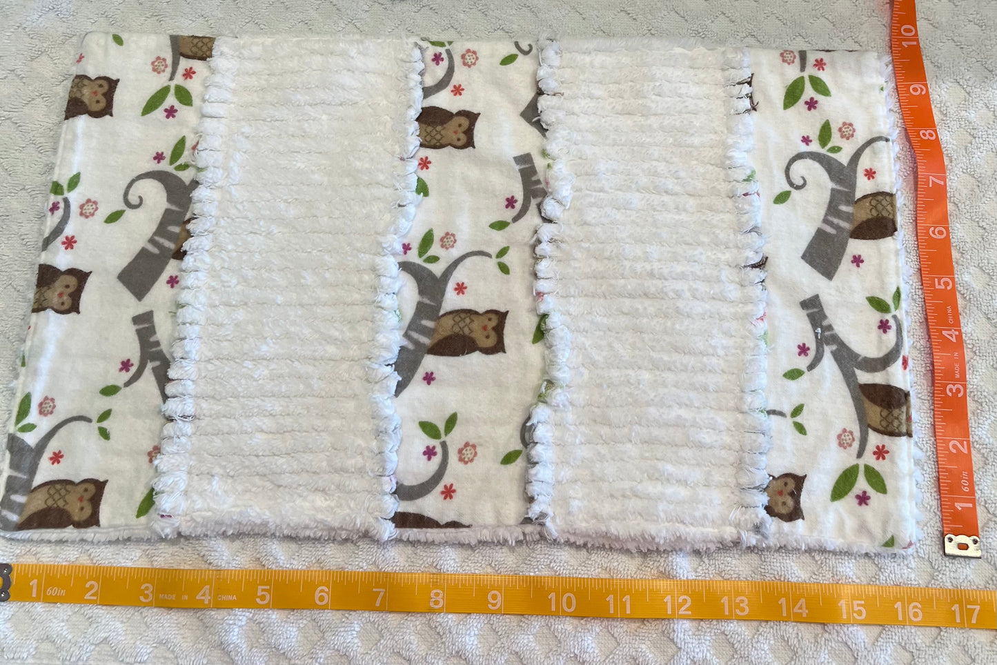 Owl Chenille/Flannel Modern Ragged Baby Burp Cloth - Bold Border Quilts and More
