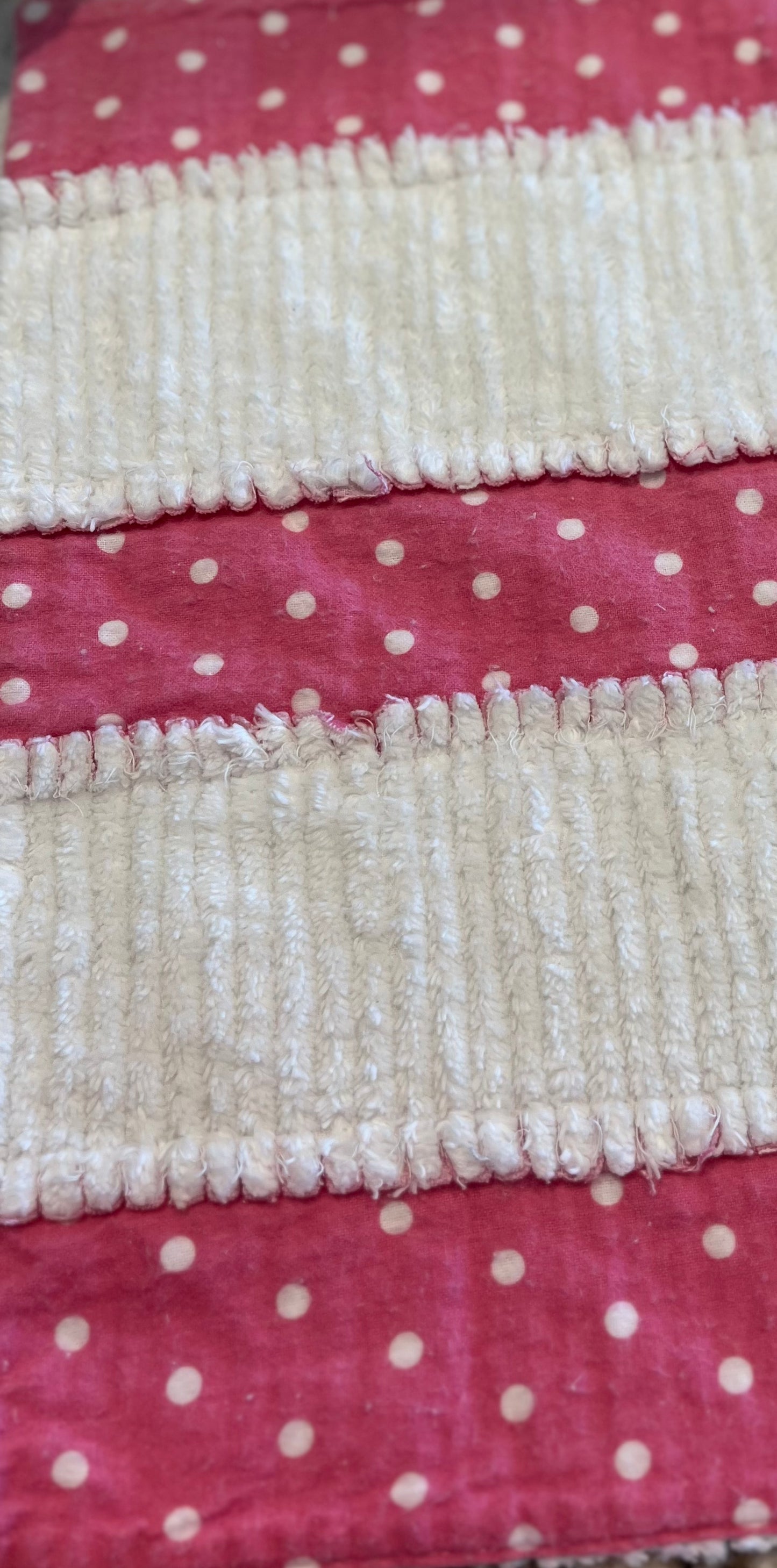 Pink with White Polka Dots Chenille/Flannel Ragged Baby Burp Cloth - Bold Border Quilts and More
