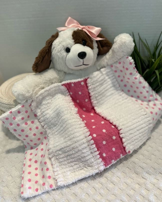 Pink & White Chenille/Flannel Modern Ragged Baby Burp Cloth - Bold Border Quilts and More