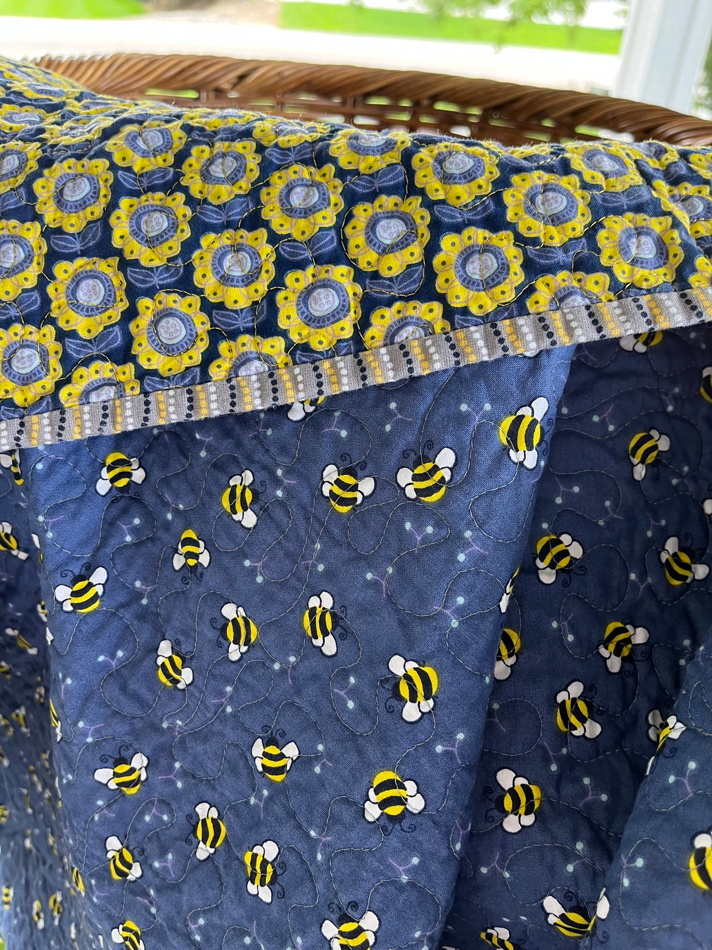 Bees and Flowers in Yellow and Blues Quilt