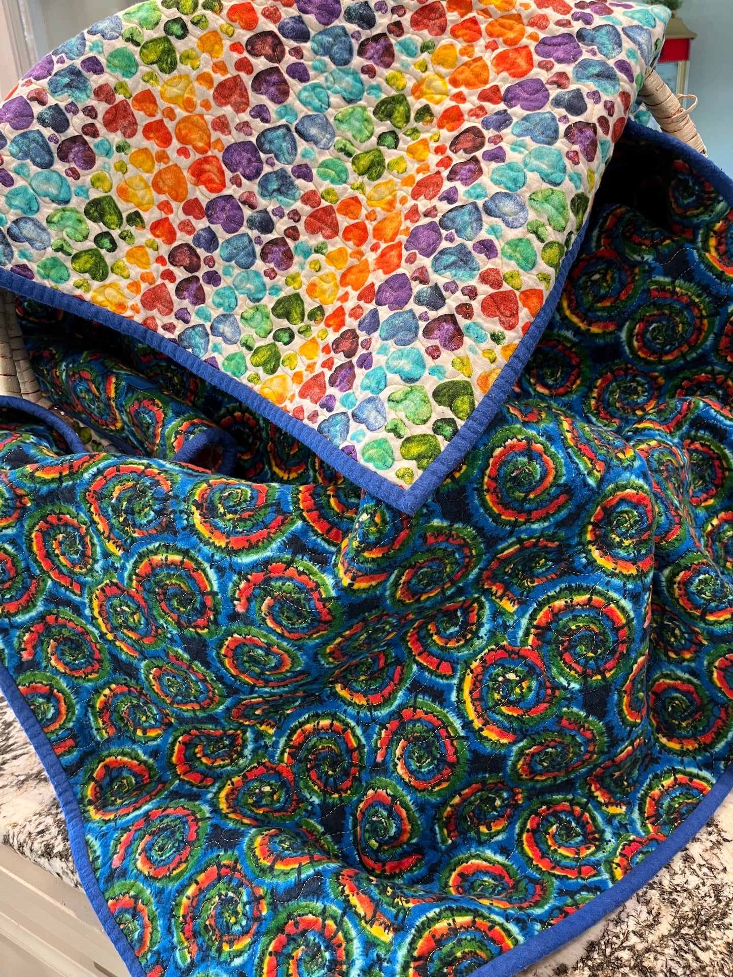 Bright Tie Dye with Colorful Hearts Baby Quilt