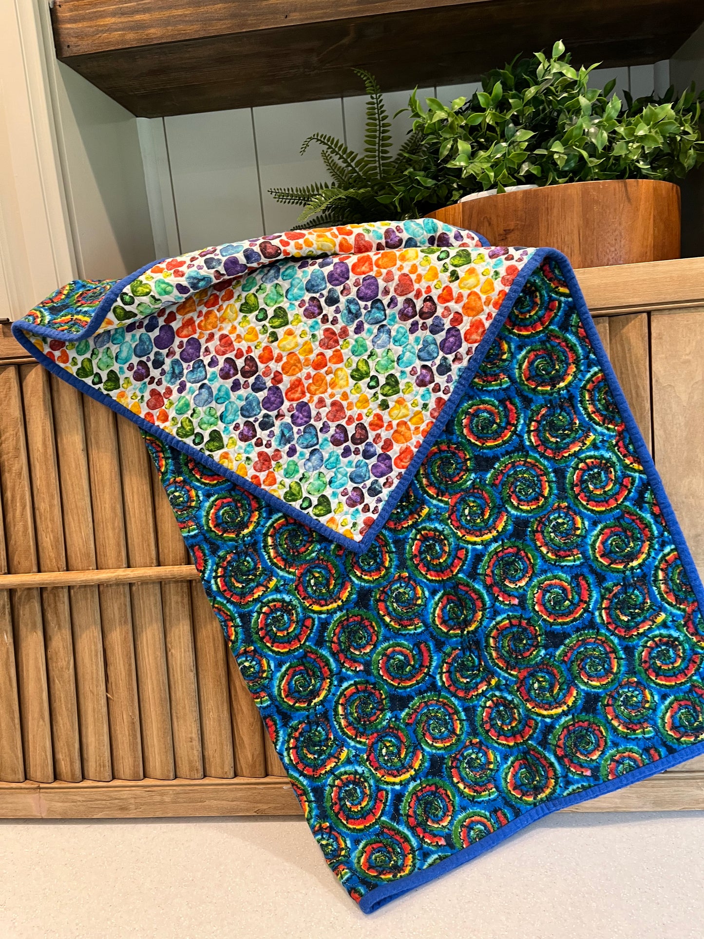 Bright Tie Dye with Colorful Hearts Baby Quilt