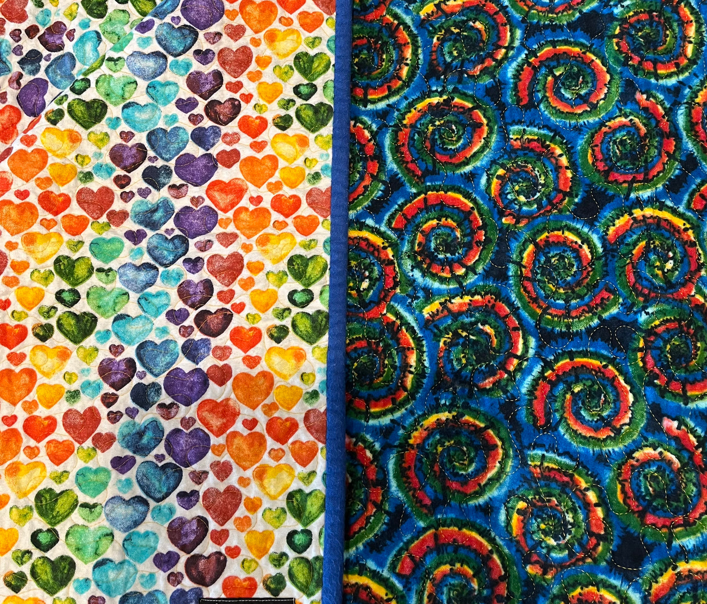 Bright Tie Dye with Colorful Hearts Baby Quilt