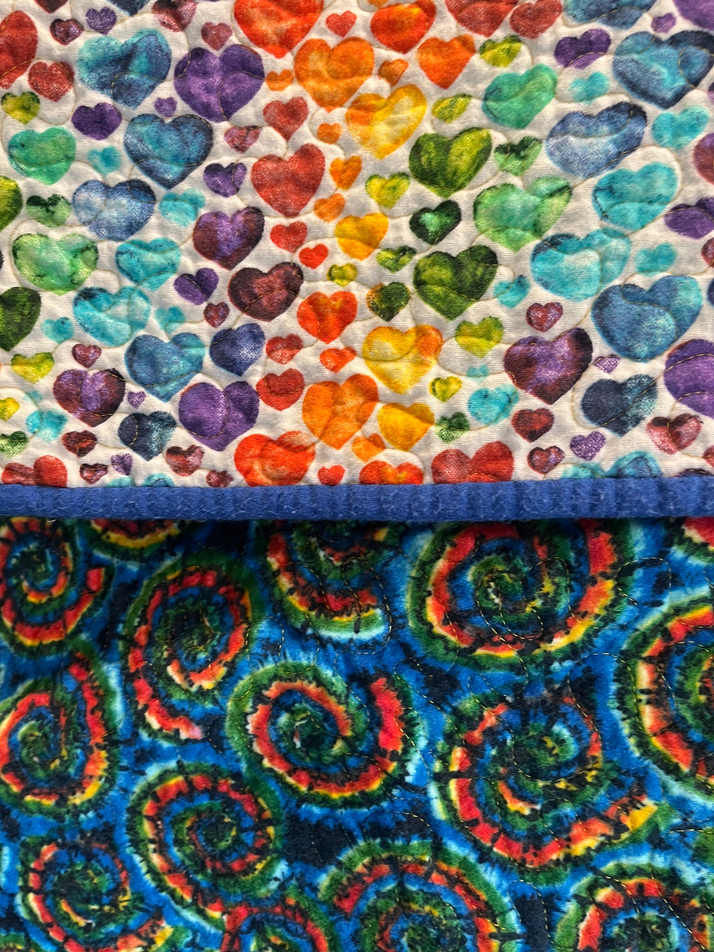 Bright Tie Dye with Colorful Hearts Baby Quilt