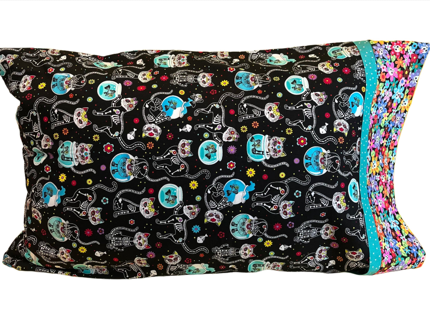 Skeleton Cat & Fish Standard Cotton Pillowcase