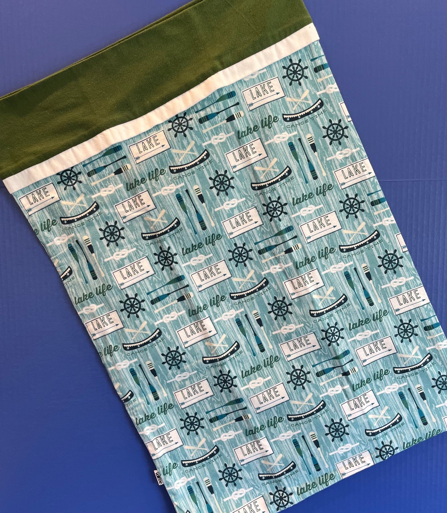 Lake Life with Green Cuff Flannel Standard Size Pillowcase