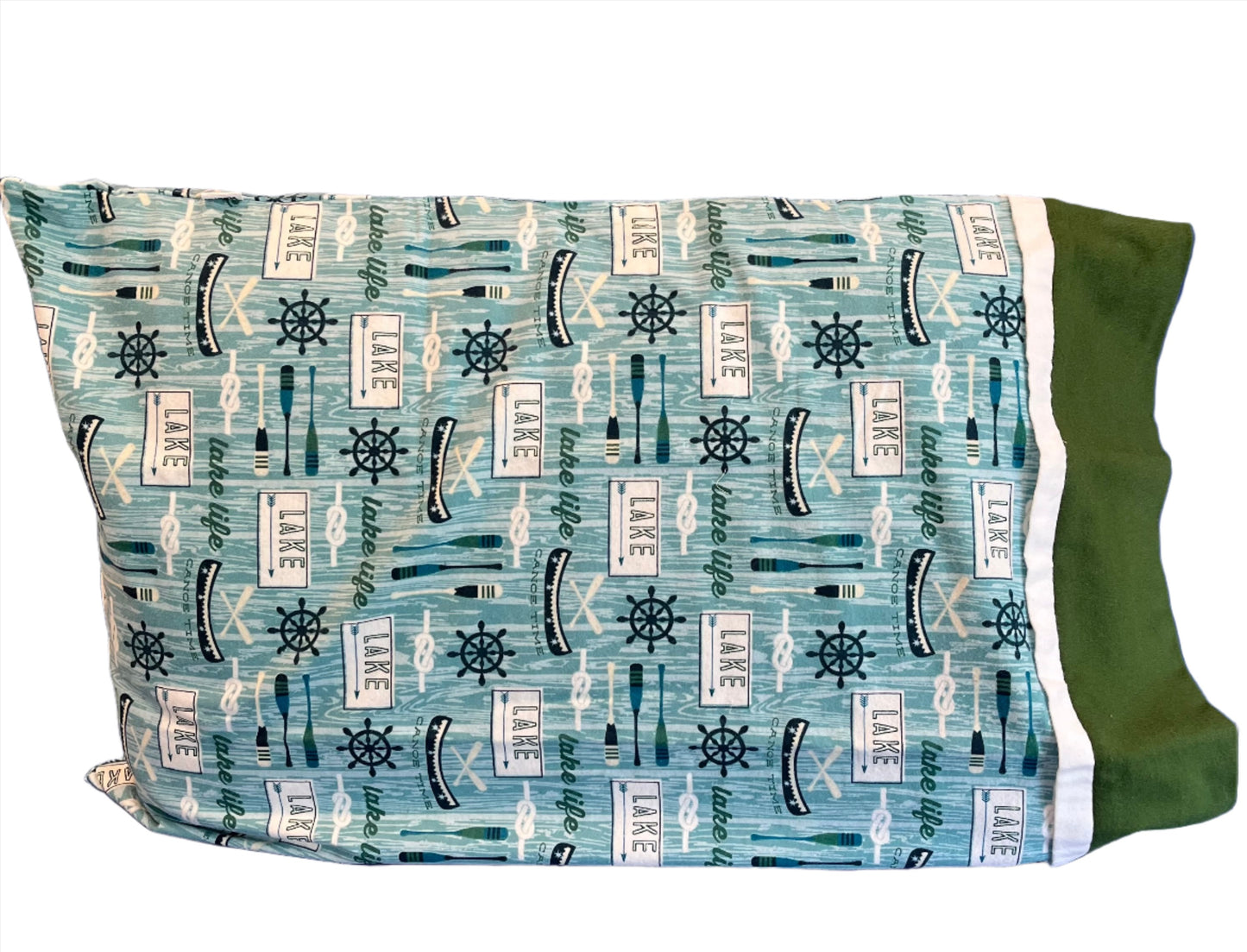 Lake Life with Green Cuff Flannel Standard Size Pillowcase