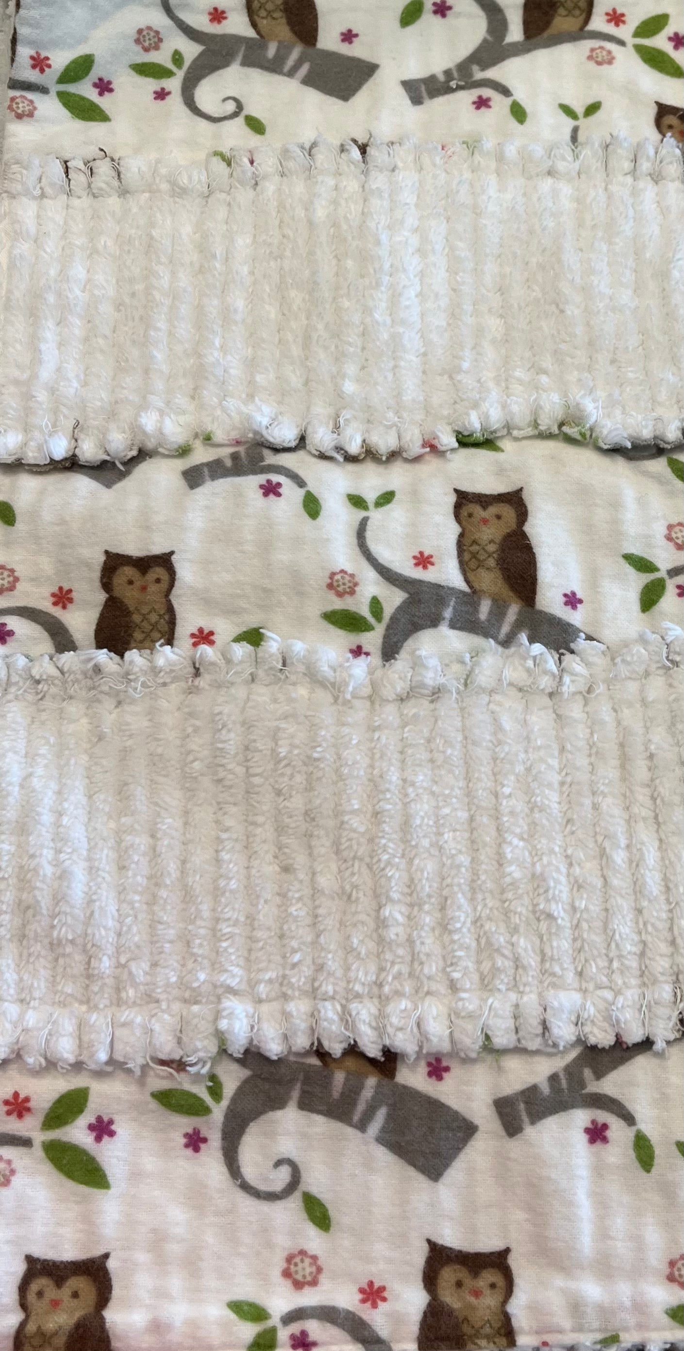 Owl Chenille/Flannel Modern Ragged Baby Burp Cloth